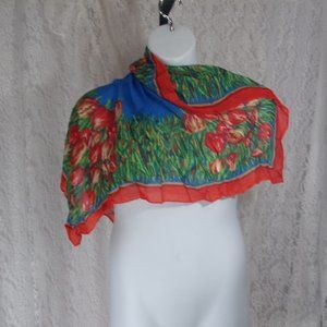 Fashion Scarf Square Blue and Orange Tulip Print NWOT